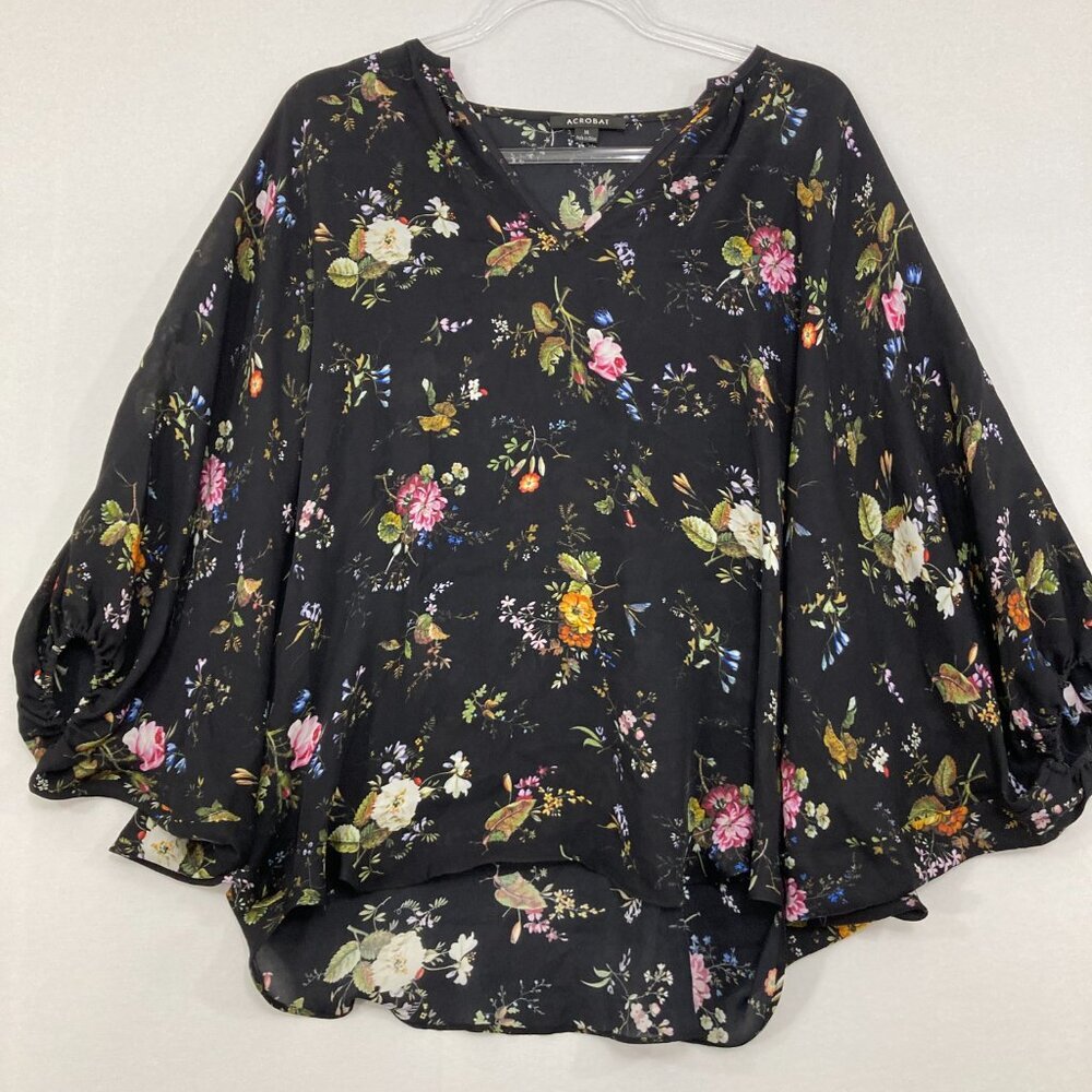 ACROBAT Medium Dark Floral V Neck Dolman Sleeve Pure Silk Blouse Feminine‎
